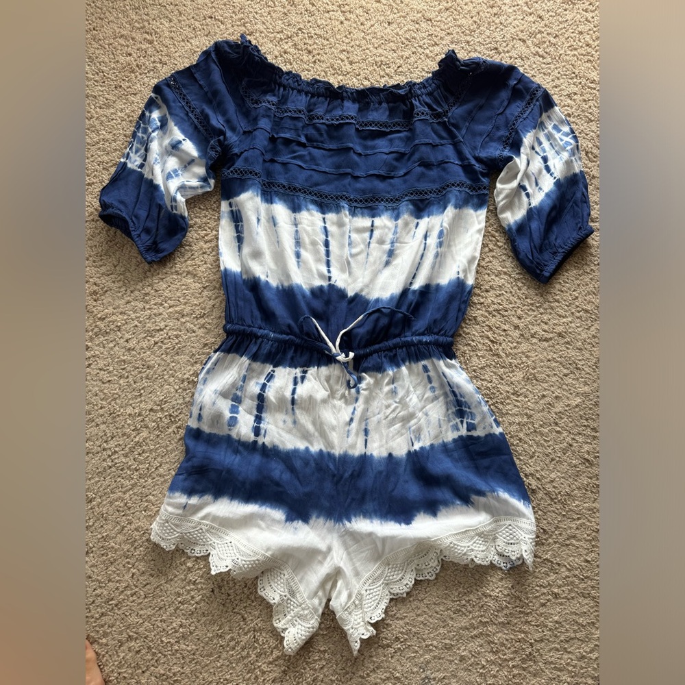 Solitaire Swim- One Piece 3/4 sleeves boat neckline blue&white tie-dye Romper -M